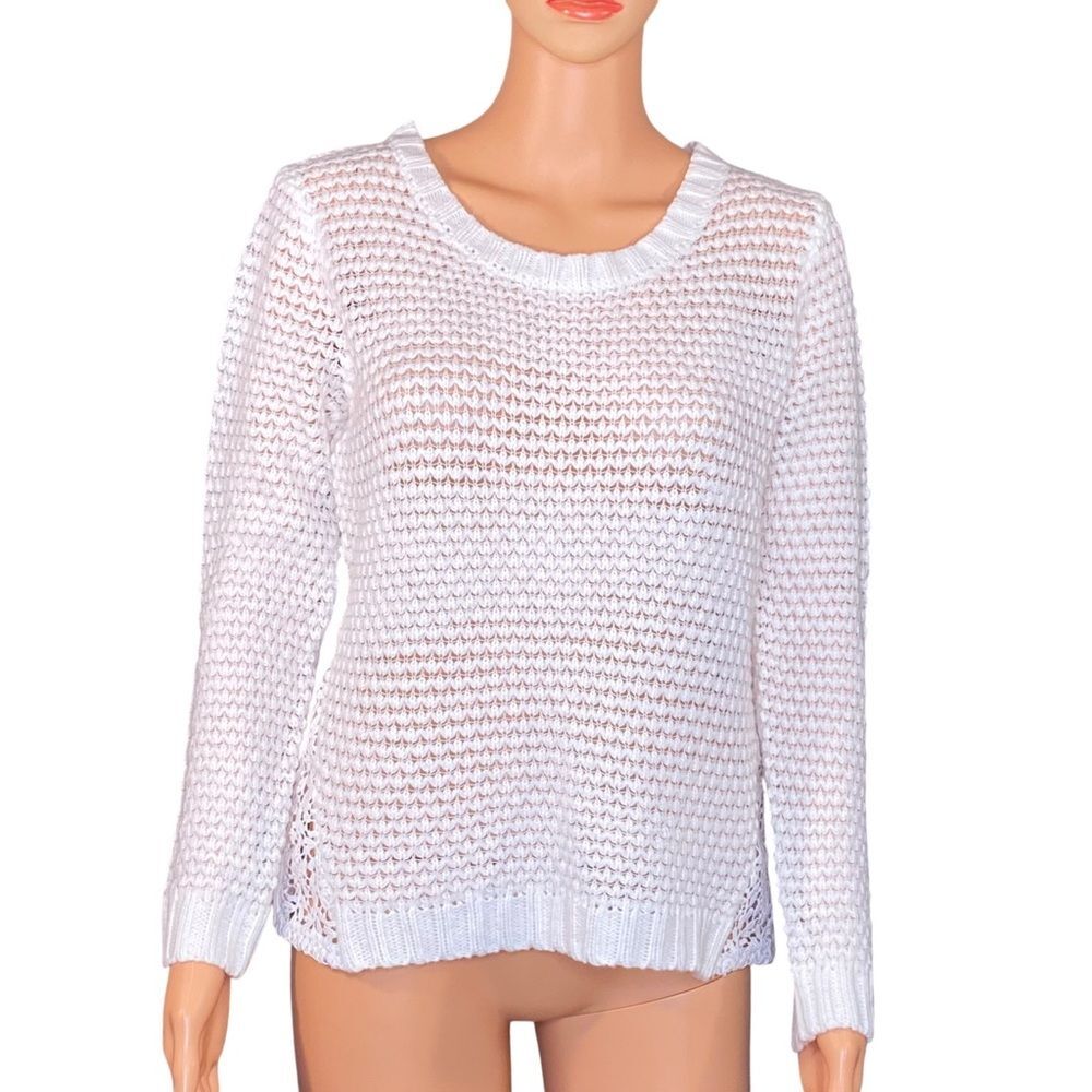 Open Knit White Sweater Lace Side Panels Long Sleeve Rounded Neck Line Size Med - Picture 2 of 5